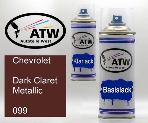 Chevrolet, Dark Claret Metallic, 099: 400ml Sprühdose + 400ml Klarlack - Set, von ATW Autoteile West.